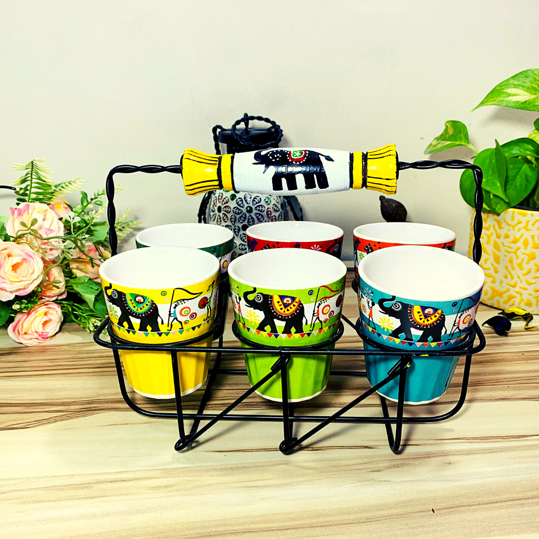 Homefrills Handpainted Stylish Multicolour Tapri Style Ceramic Tea Cups/ Cutting Chai Glasses with Serving Stand Set of 6 with Serving Stand